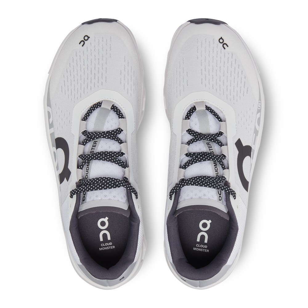 On |Men QC Cloudmonster Road Running Shoes All White | AR59-T5AV