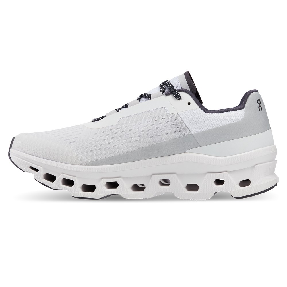 On |Men QC Cloudmonster Road Running Shoes All White | AR59-T5AV