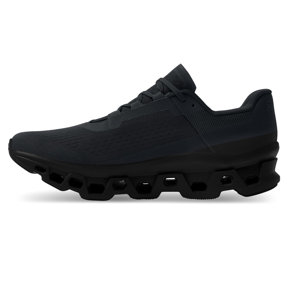 On |Men QC Cloudmonster Road Running Shoes All Black | RY76-G4VP