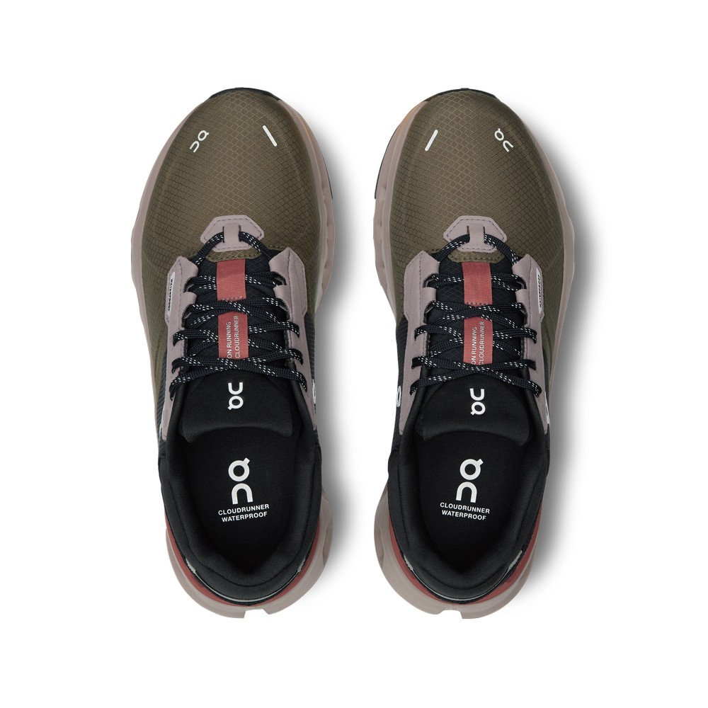 On |Women QC Cloudrunner 2 Waterproof Road Running Shoes Olive / Mahogany | XR17-K6PV