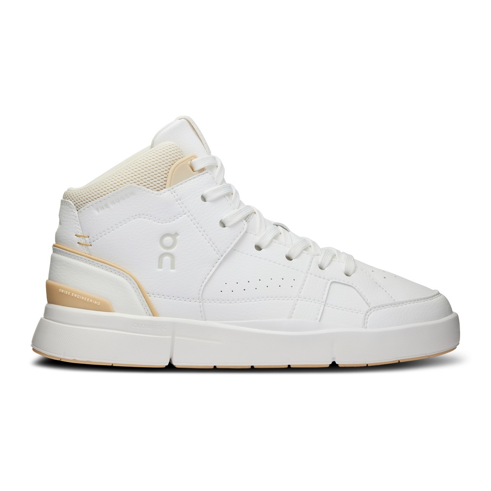 On |Women QC THE ROGER Clubhouse Mid Lifestyle Shoes White / Savannah | XX57-V5WN