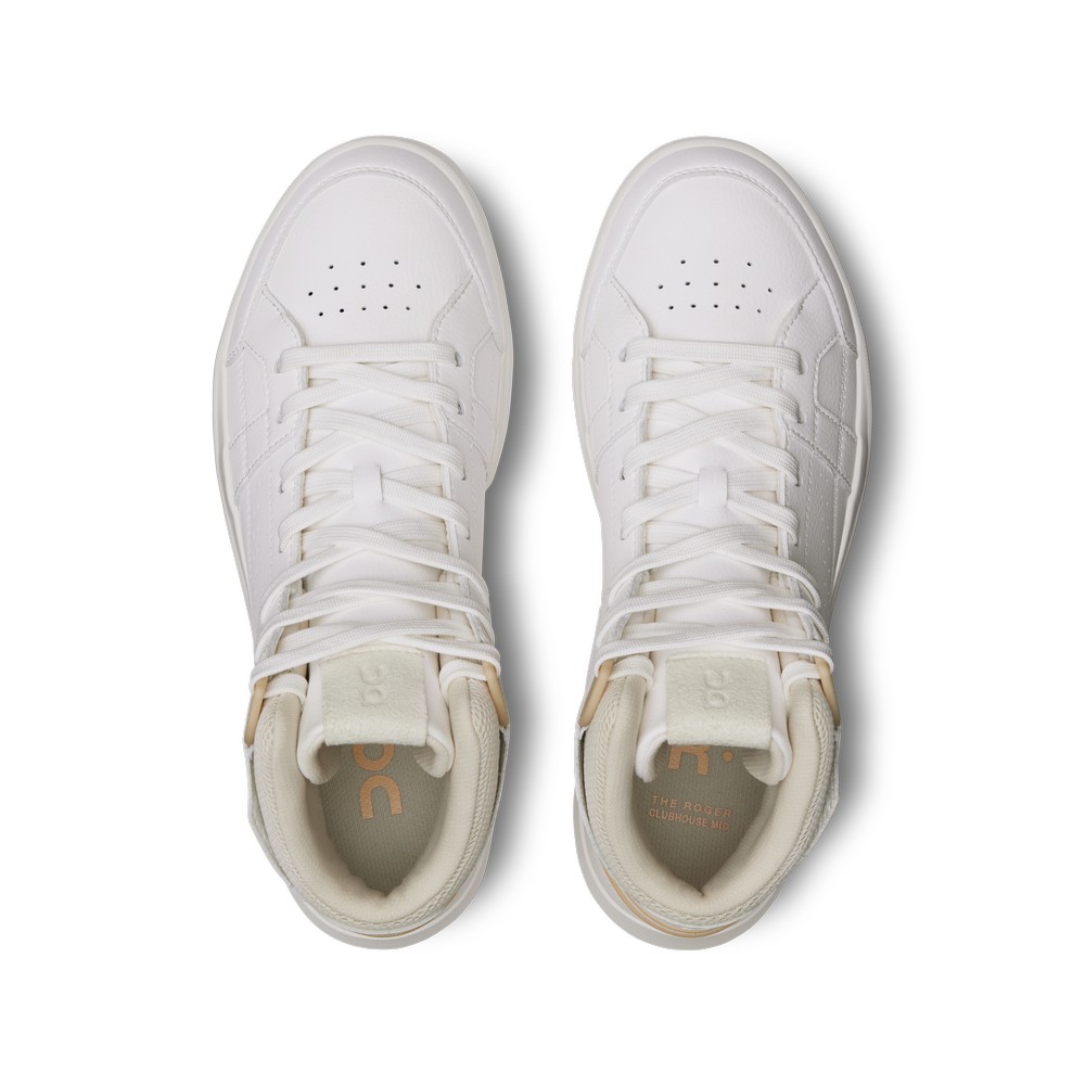 On |Women QC THE ROGER Clubhouse Mid Lifestyle Shoes White / Savannah | XX57-V5WN